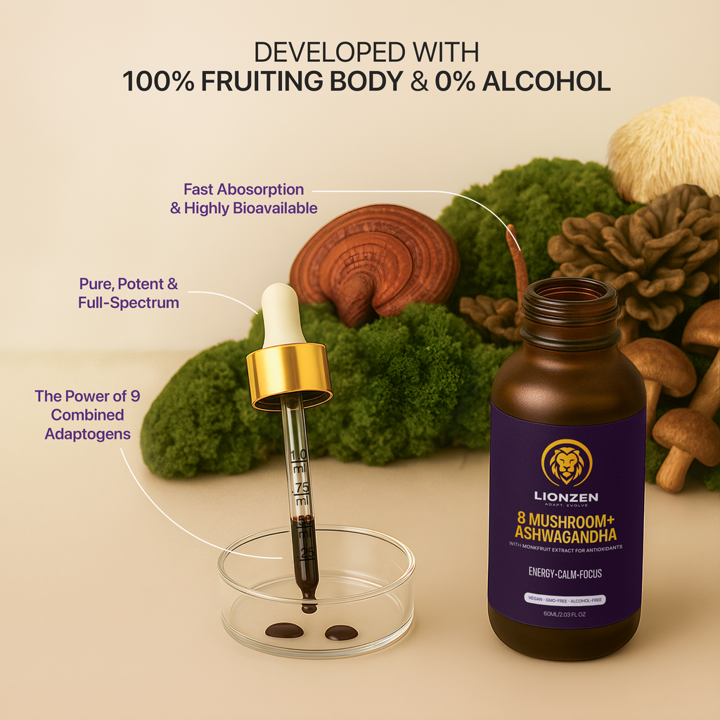 LionZen Lions Mane and Cordyceps tincture added to coffee for enhanced morning focus, calm and natural energy boost