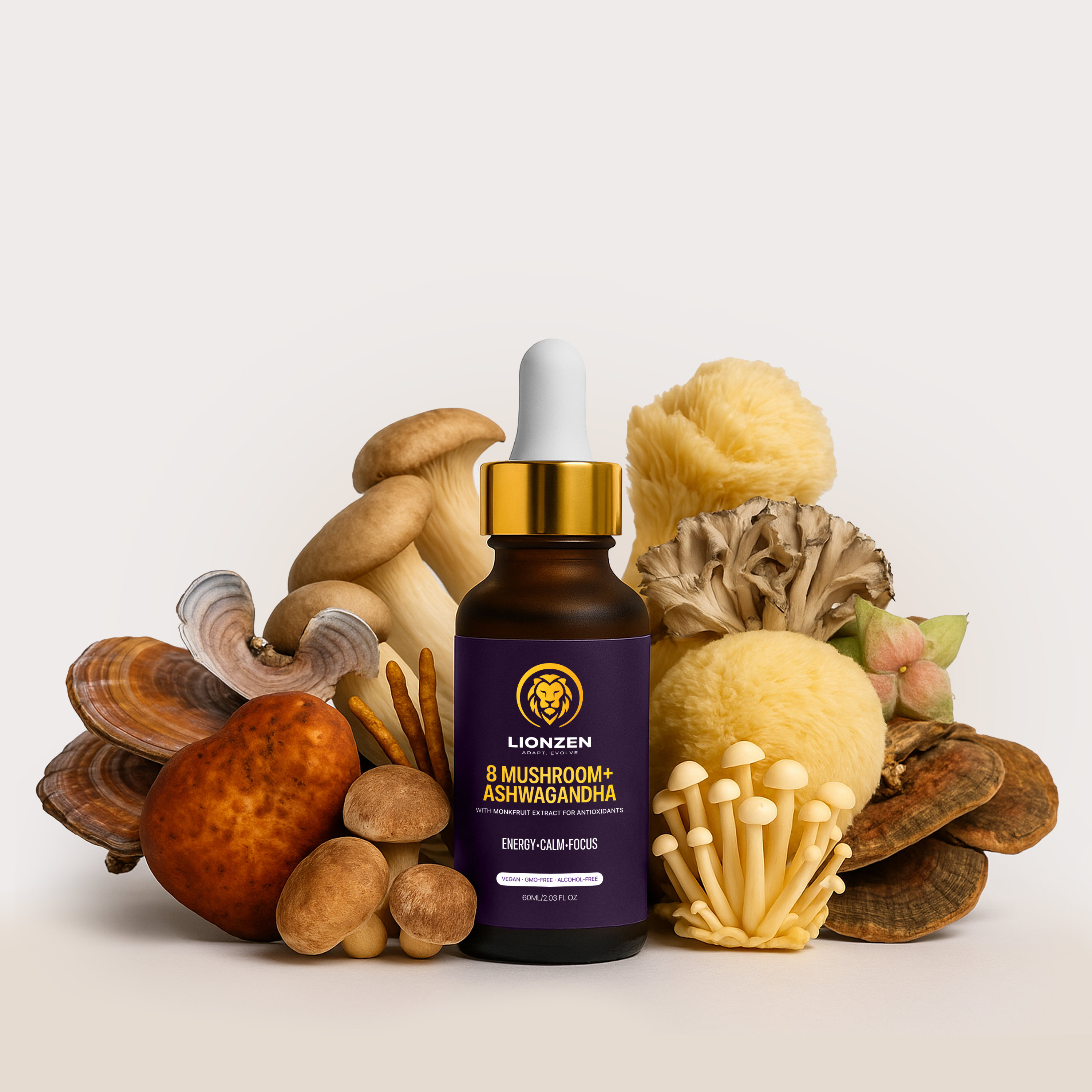 LionZen adaptogenic tincture featuring Ashwagandha, Cordyceps and Lions Mane to support focus, stress balance and performance