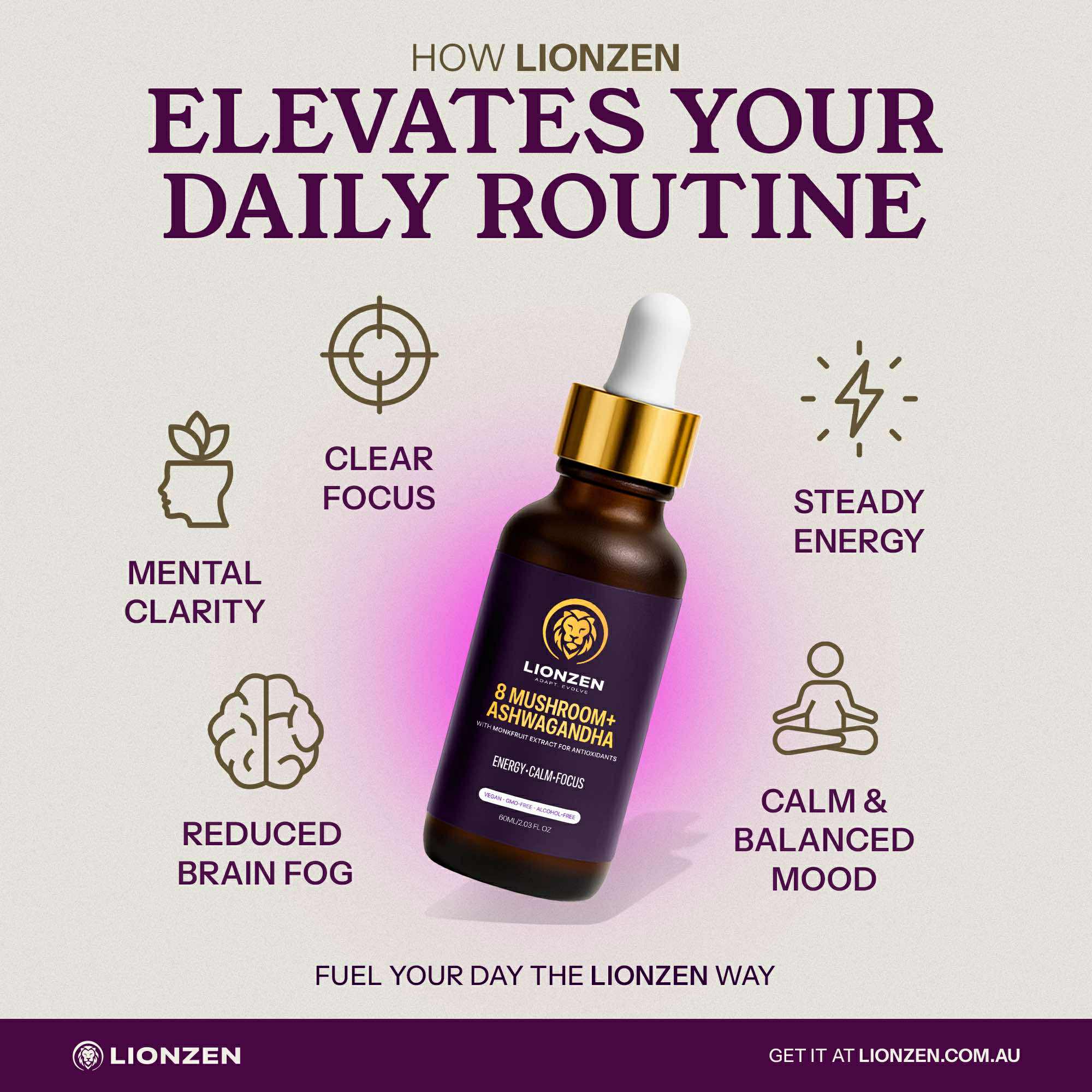 LionZen – 8 Mushroom & Ashwagandha Root 60ml Tincture