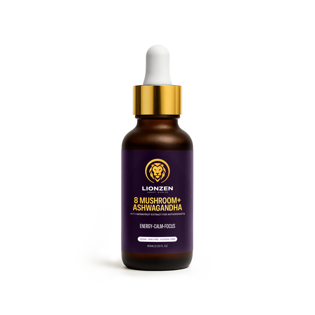LionZen 9 in 1 Mushroom Extract Tincture featuring Lions Mane, Cordyceps and Ashwagandha for focus and calm energy