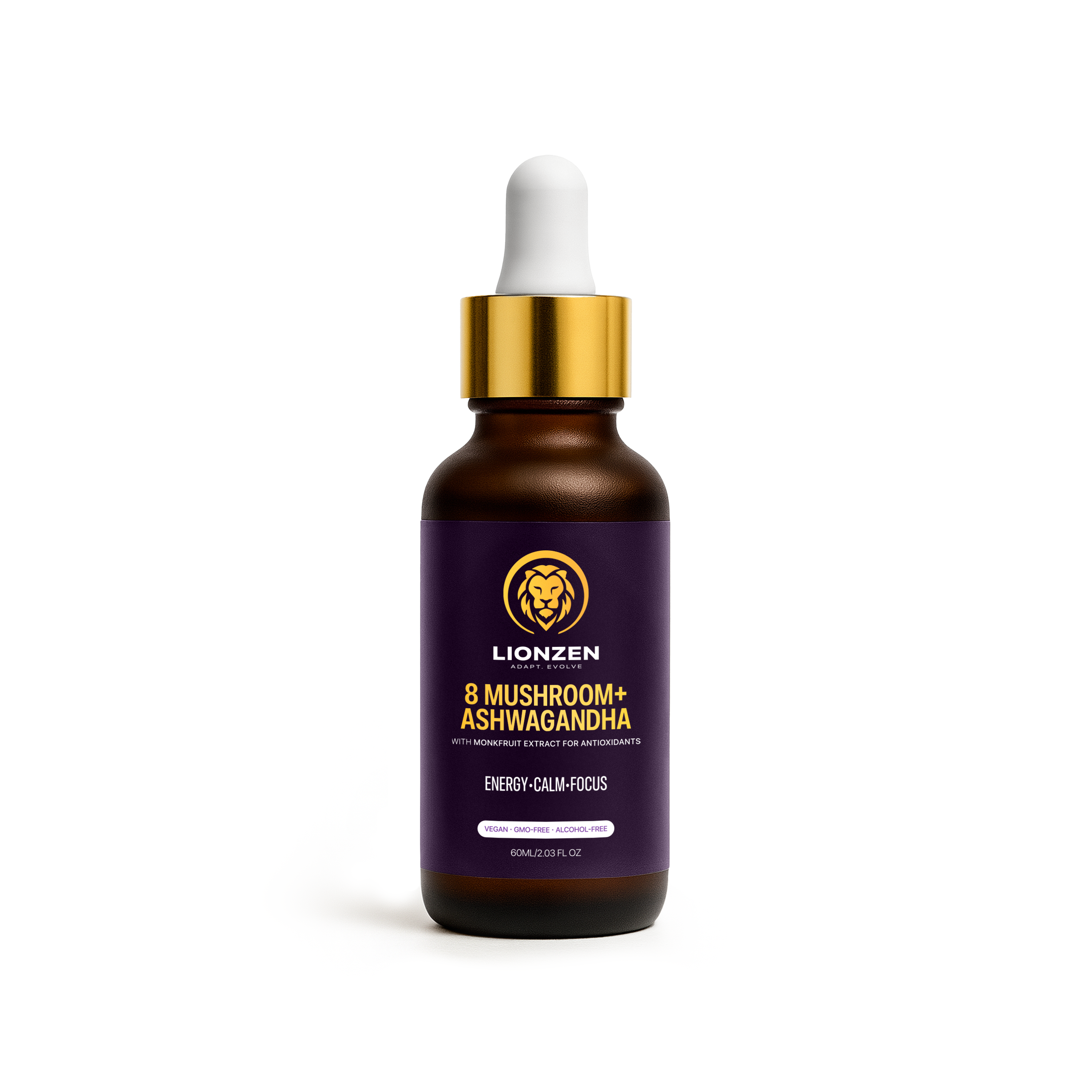 LionZen 9 in 1 Mushroom Extract Tincture featuring Lions Mane, Cordyceps and Ashwagandha for focus and calm energy