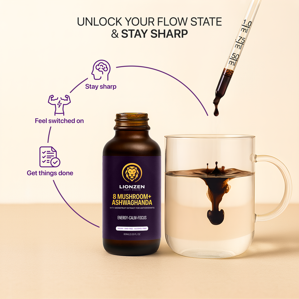 Premium mushroom and herbal extract blend showing Lions Mane, Cordyceps, Ashwagandha and Reishi from LionZen 9 in 1 tincture