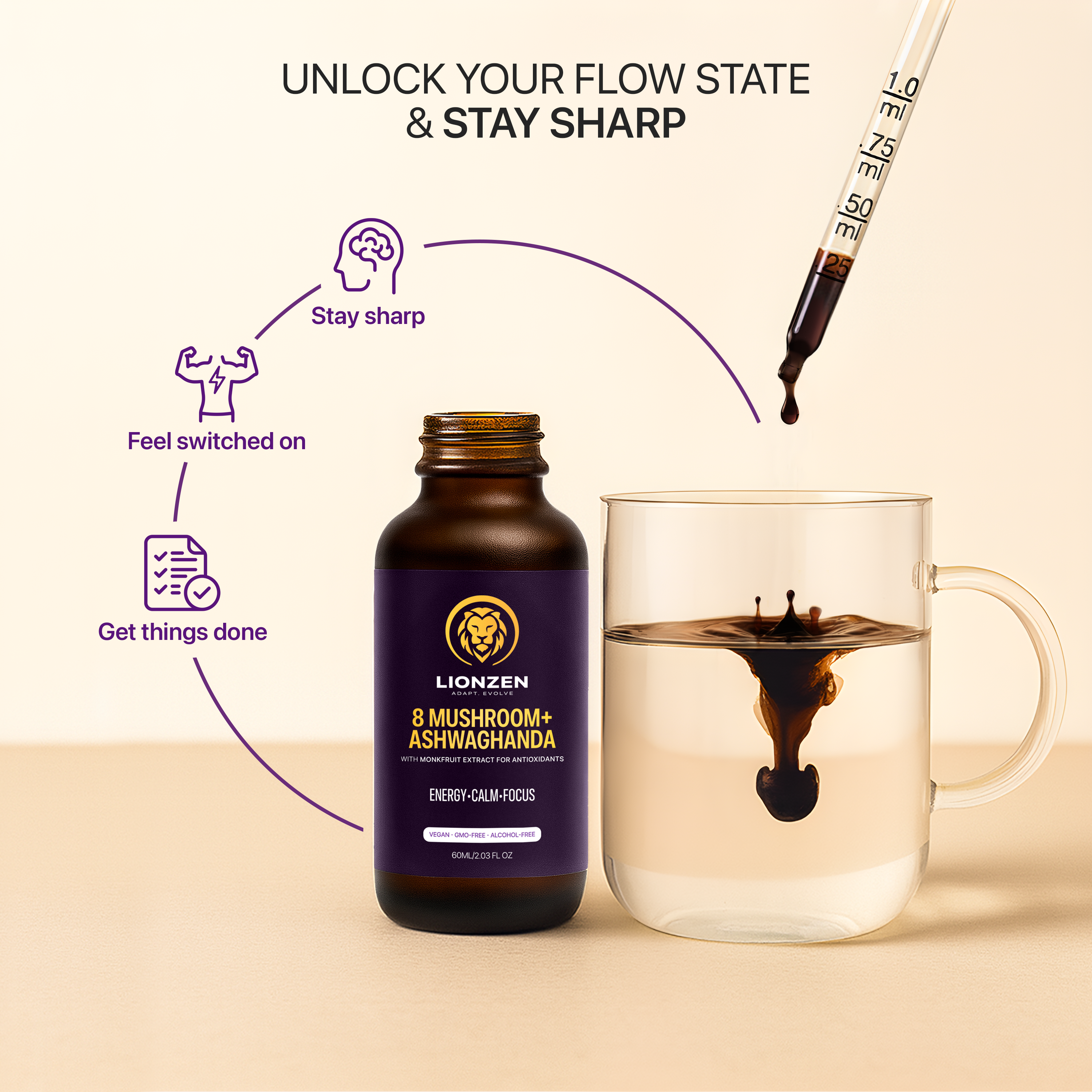 Premium mushroom and herbal extract blend showing Lions Mane, Cordyceps, Ashwagandha and Reishi from LionZen 9 in 1 tincture