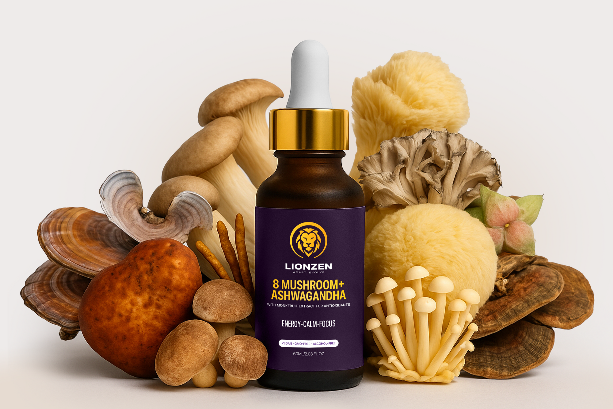Lionzen mushroom and ashwagandha supplement bottle with mushrooms on a white background