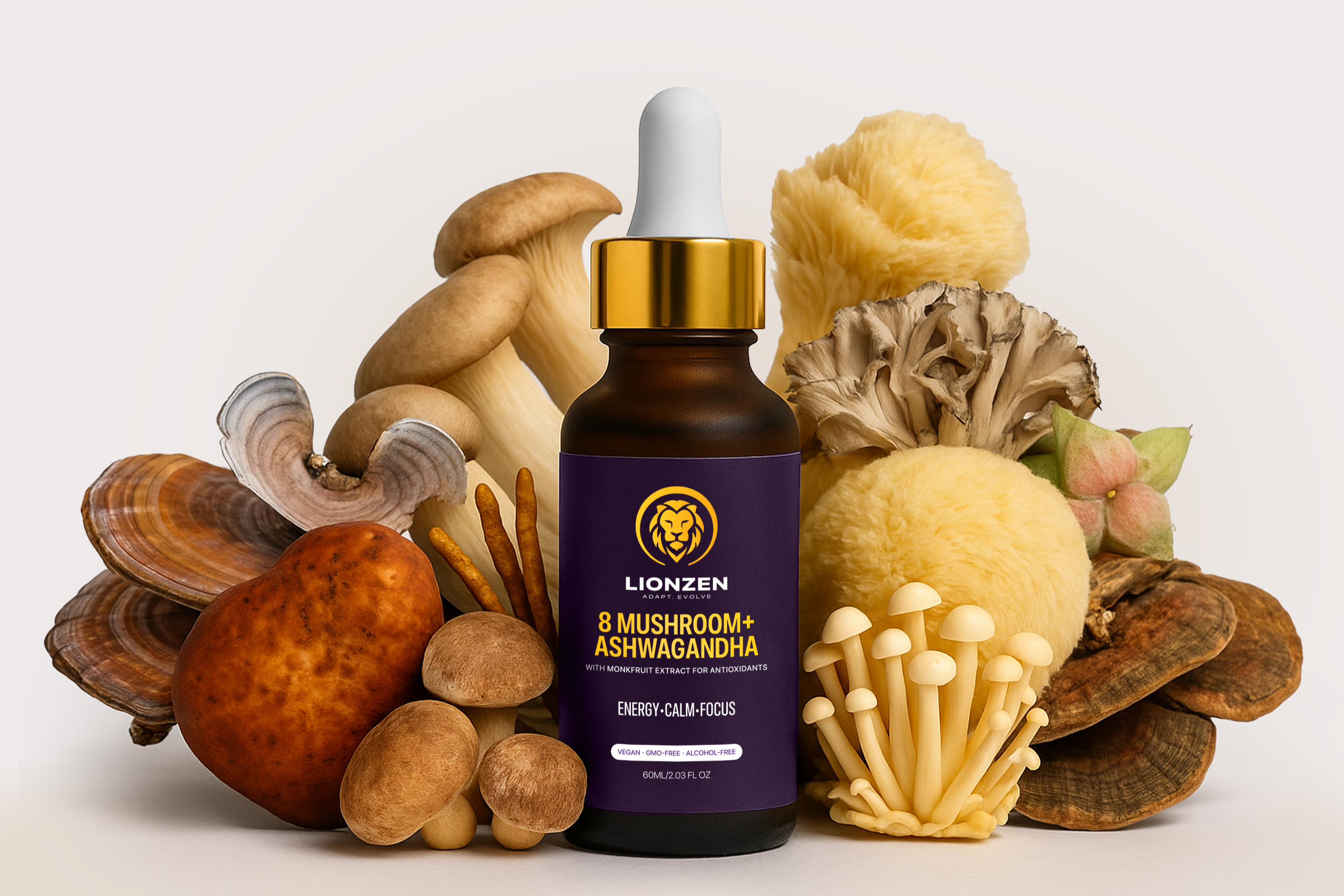 Lionzen mushroom and ashwagandha supplement bottle with mushrooms on a white background