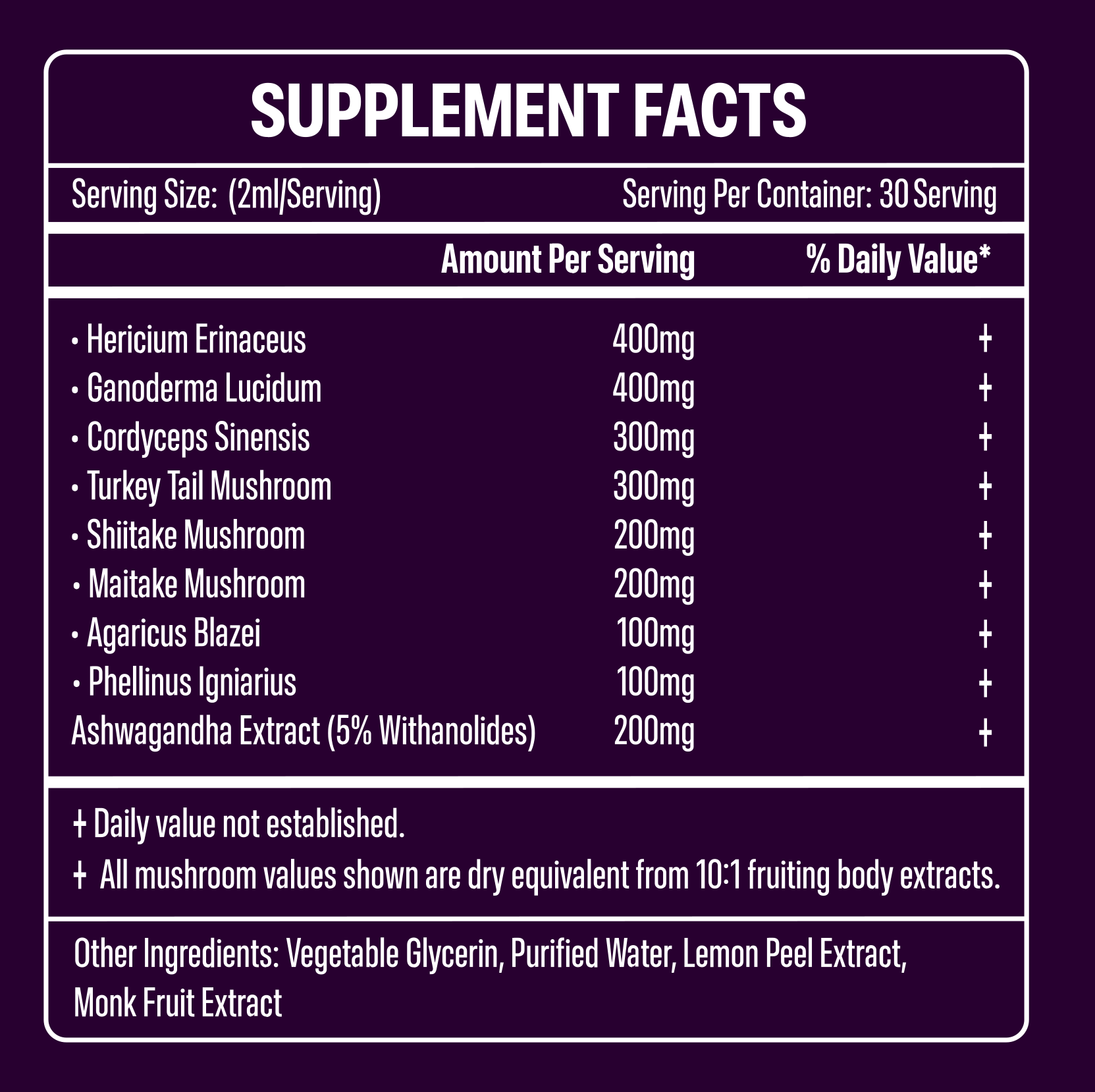 Supplement facts label with various mushroom extracts and their amounts per serving on a purple background.
